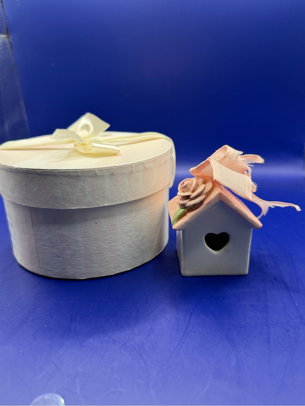 Mudpie Ceramic Birdhouse in Pink and White with Bow